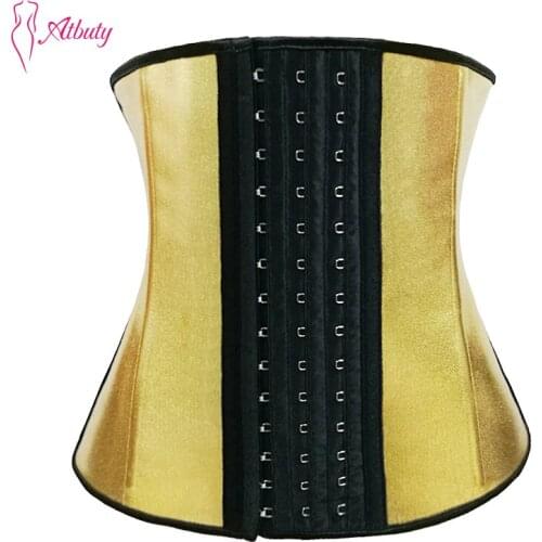 Atbuty Golden Waist Trainer Slimming Steel Boned Latex Tummy Trainer Control Abdomen Corsets