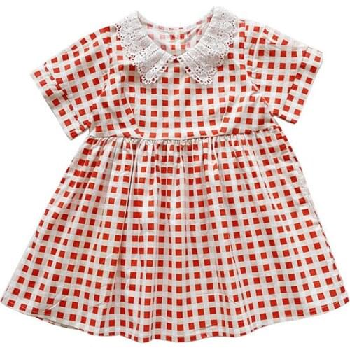 2020 Summer New Children Girls Princess Dress Bubble Sleeve Lace Neck Squares Dot Baby Girl Sweet Dress