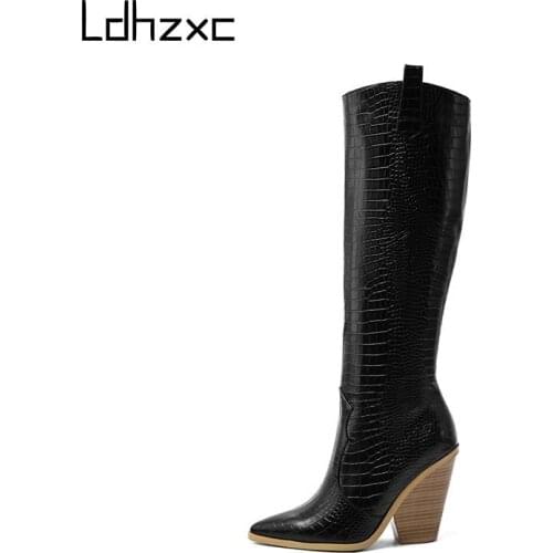 LDHZXC 2020 New women boots wedges high heels zipper knee high boots quality winter western boots women shoes big size 42 43