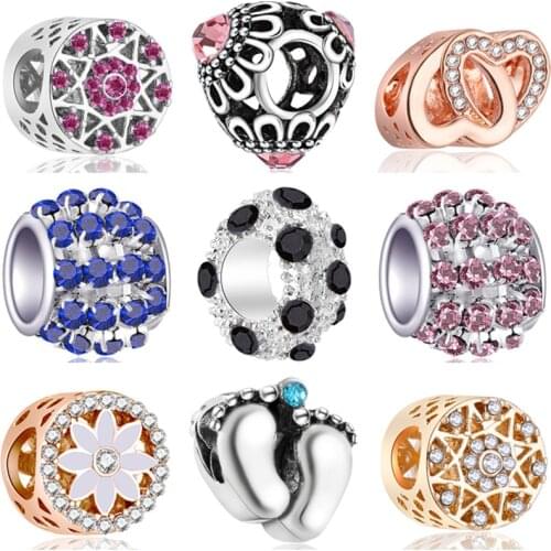 New Arrived Hollow Foot Heart Crystal Flower Handmade Beads Jewelry for Pandora Charms Bracelets & Bangles for Women Gifts Femme