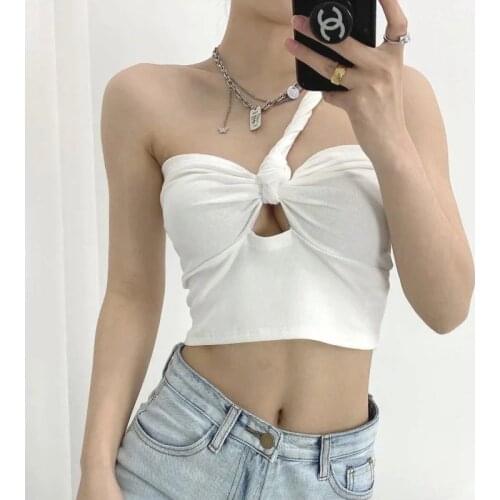 Solid Color Strapless Camisole Womens Summer Hollow One-shoulder Sexy Tight-fitting High-waist Camisole Em