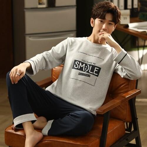 Autumn Homewear Pajamas Sets for Men 100% Cotton Long Sleeve O-Neck Pure Sleepwear Loose Leisure Nightwear