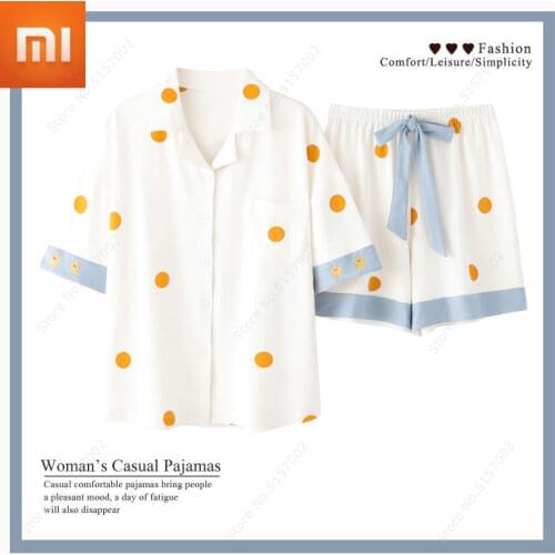Xiaomi Pajamas Women Summer Pure Cotton Thin Short-sleeved Shorts Cardigan Polka-dot Home Service Two-piece Soft and Breathable