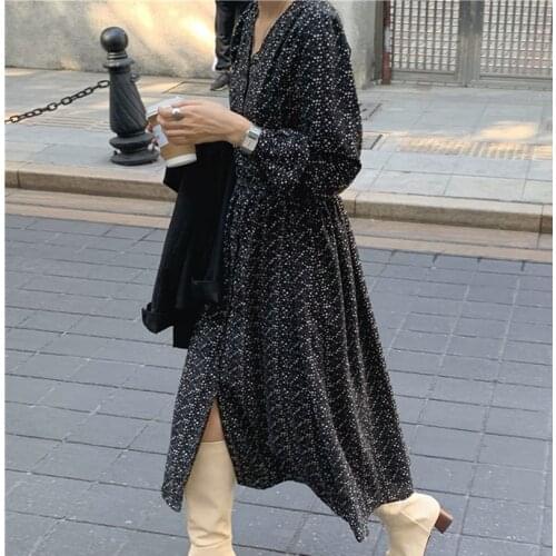 2021 New Women Spring Autumn Dresses Fashionable Elegant High Waist Vintage Korean Thicken Floral Oversize Long Dress DR9180