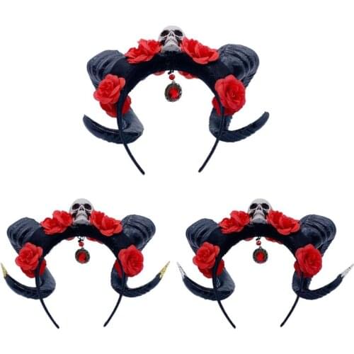 Skull Rose Sheep Horn Headband Forest Animal Halloween Cosplay Jewelry Hair Hoop