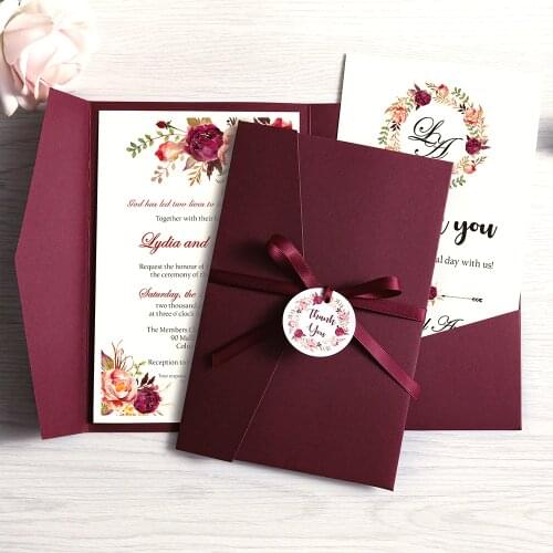 1pc Wedding Invitation Navy Blue Pocket Burgundy Greeting Card with Envelope Party With Ribbon and Tag