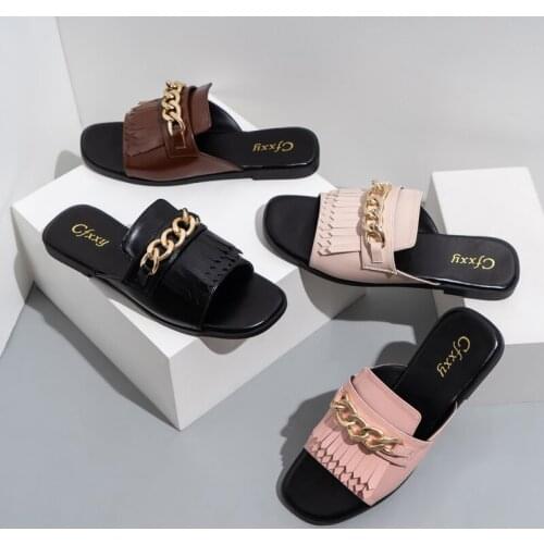 Summer new 2021 metal chain tassel flat Women sandals PU solid color leisure slider flat-heeled slippers female Outdoor