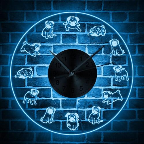 Pug LED backlight Modern Wall Clock Cartoon Dogs Neon Sign Lighted Wall Watch Pug Lover Gift Puppy Pet Color Changing Wall Light