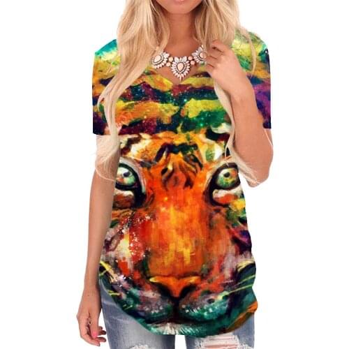 Giyu Brand Tiger T Shirt Women Animal V-neck Tshirt Colorful Shirt Print Graffiti Tshirts Printed Womens Clothing Hip hop Loose