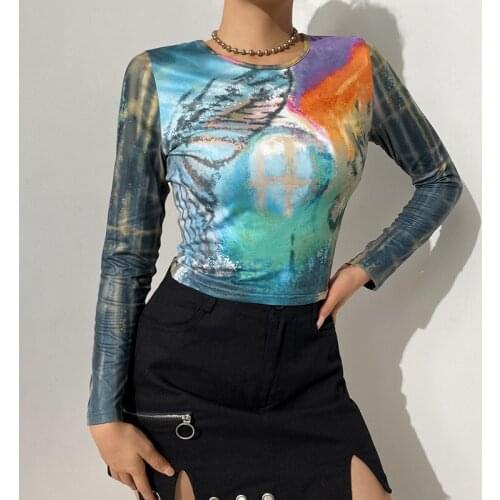 2021 New Tie-dye Print T-shirt Women 2021 Autumn Long Sleeve Round Neck Slim Crop Tops Sexy Casual Shirts Female