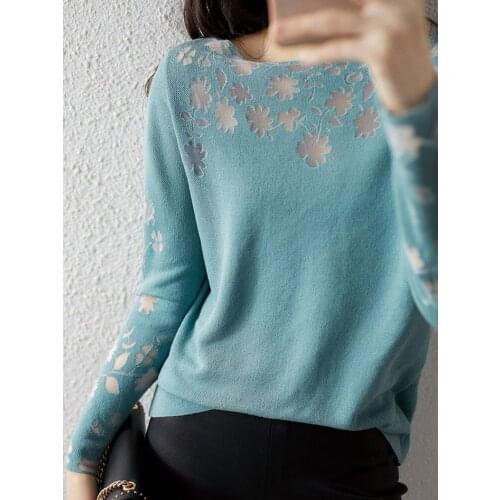 2021 womens autumn hollow knitted blouse new transparent pullover long sleeve blouse knitted sweater women