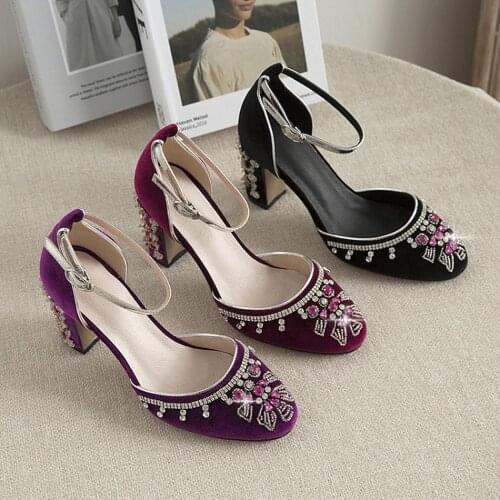 Womens Rhinestones Crystal Velvet Block High Heel Ankle Buckle Sandals Shoes Pumps Round Toe 3Colors Plus Size New 2021