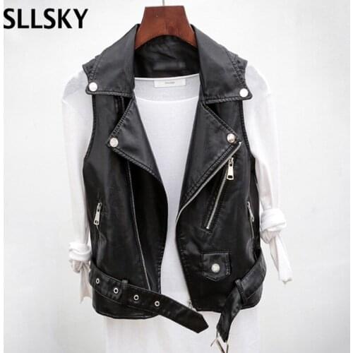 Sllsky PU Leather Moto Biker Waistcoat Women Casual Sleeveless High Street Cool Vest Spring Autumn Zipper Turn-down collar Top