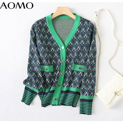 AOMO Women Elegant Green Diamond Pattern Cardigan Vintage Jumper 2021 Crop Knitted Cardigan YU89A