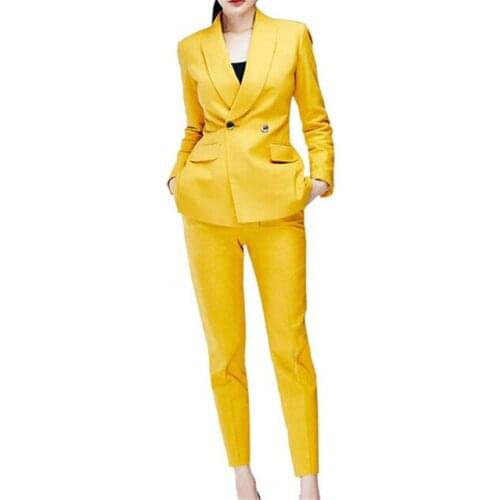 2020 Yellow Ladies Suit Blazer Spring Summer Women Suits Office Wear Female Work Wear Office Suit 2 Pieces Suits(Jacket+Pants)