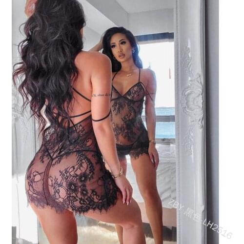Women Lace Sexy Lingerie Set Perspective Halter Dress Thong Solid Color Bandage Exotic Underwear Ladies Sleepwear Nightdress