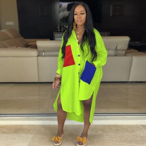 Neon Green Plus Size Casual Shirt Dress Women Turn Down Collar Long Sleeve Loose Dress Summer Pockets Spliced Side Split Dress