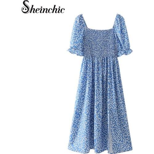 Korean Fashion Blue Flower Printed Dresses for Women 2021 Female Summer Vintage Puff Sleeve Chiffon Pleated Midi Dress