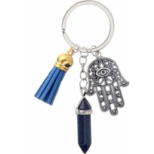 1 PC Fashion Natural Stone Pendant Keychain Natural Quartz Stone Evil Eye Fatima PU tassel Pink Crystal Key Chains Jewelry gift