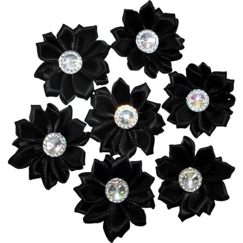 20pcs Black satin ribbon flowers AB rhinestone flower appliques craft sewing wedding hair accessories 4.5cm