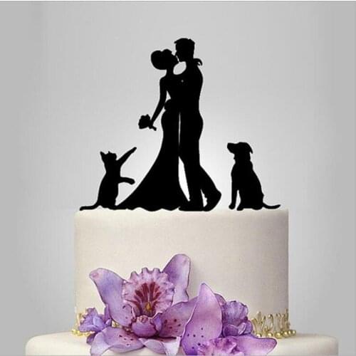 2017 Acrylic Couple With 1 Dog & 1 Cat Wedding Cake Topper/Wedding Stand/Wedding Decoration Wedding Cake Accessories