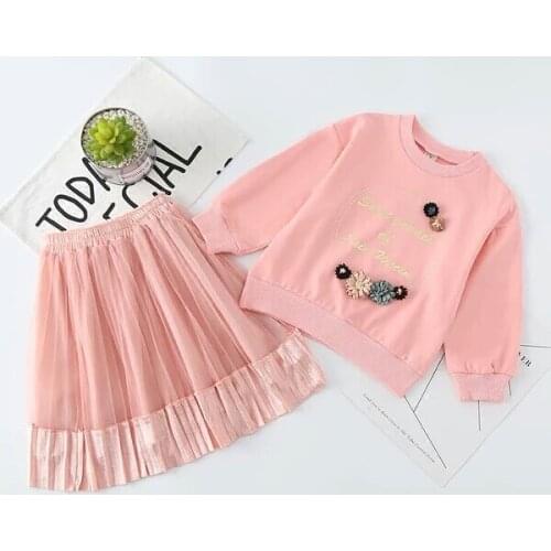 2018 Baby Girl Sring Fall Clothing Set Girls Kids Fashion Beautiful Flower Long Sleeved Shirt+Pleated Skirts,Children Outfits
