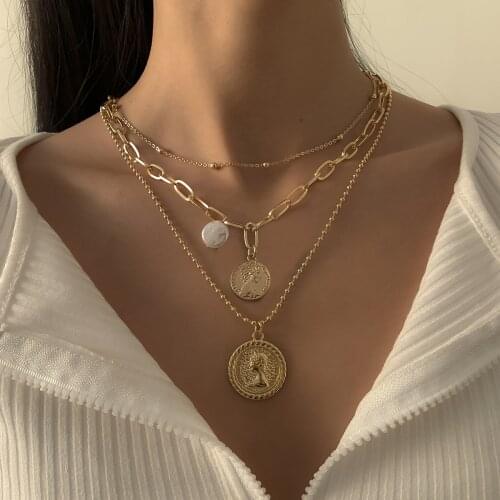 2021 Vintage Coin Portrait Golden Pendant Necklace Womens Baroque Layered Pendant Necklace Jewelry on Neck