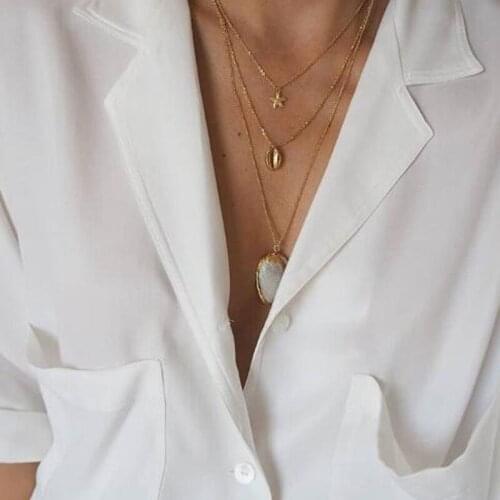 3 Pcs/Set Bohemian Women Necklaces Starfish Shell Conch Pendant Clavicle Chain Multilayer Gold Long Necklace Set Beach Party