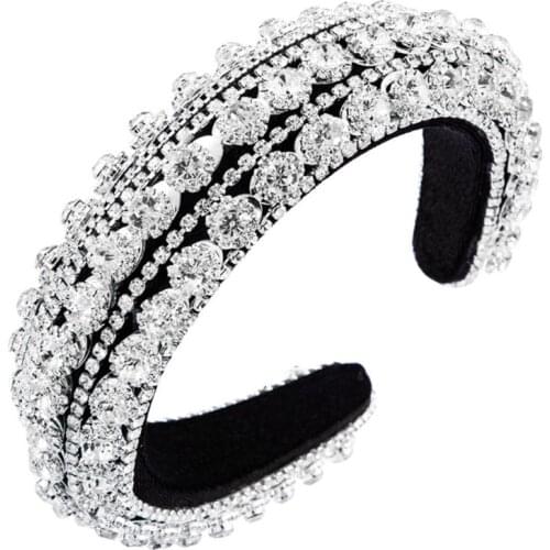 Baroque Sponge Padded Wide Headband Waterdrop Crystal Rhinestone Hair Hoop Jewelry Metal Chain Velvet Prom Headdress