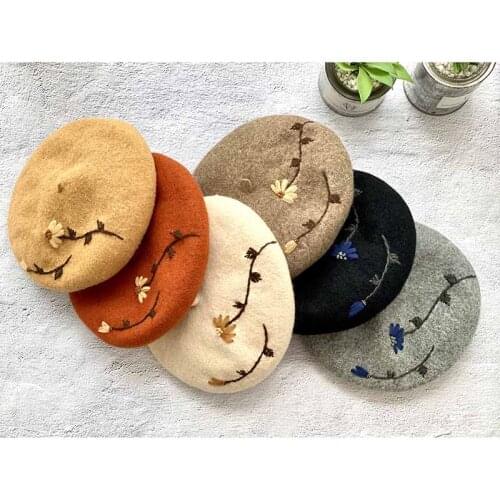 VISROVER New 6 Colors Autumn Winter Solid Wool Beret Lace Female Embroidery Winter Graceful Hat Solid Top Quality Gift