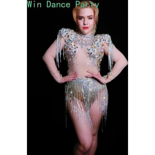 Sparkly Silver Tassel Bodysuit Women Birthday Celebrate Costume Female Singer Bling Tassel Bodysuit Performance Dance Wear