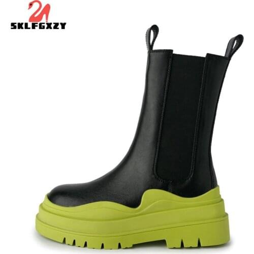SKLFGXZY 2021 British Style Natural Leather Round Toe Thick Bottom Chelsea Boots High Street Fashion Young Lady Ankle Boots