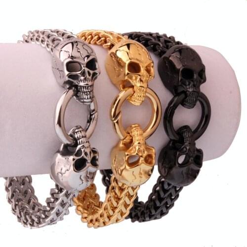12mm Mens Bracelet Silver Color/Gold/Black Stainless Steel Figaro Link Chain Double Skull Skeleton Biker Jewelry 8.26inch