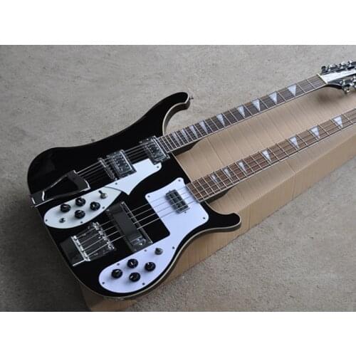 Double neck Black body Electric Bass Guitar with White Pickguard,Chrome Hardware,Provide custom service