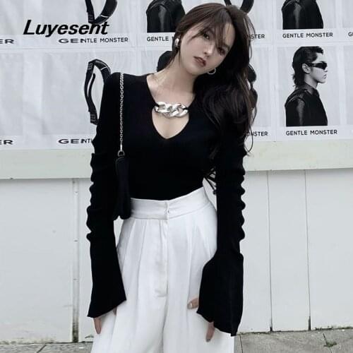 Black Gothic Lady Sexy Basic T Shirt Spring Women Hollow Out Split Cropped Full Sleeve T-shirt Metal Chain Stretch Harajuku Tops