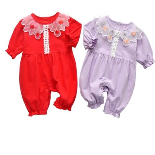 Baby Girl Jumpsuits Long Sleeve Red Outfits Lace Collar Chic Twin Girls Onesie Newborn Baby Clothes Infant Shower Gifts