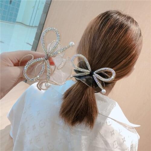 Korean Elegant Ribbon Bow Elastic Hair Band Headband Crystal Rhinestone Head Rope Tie Luxulry Jewelry Hair Accessories for Women