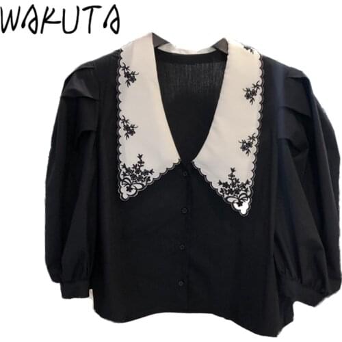 WAKUTA Elegant Ladies Short Puff Sleeve Loose Blouses Embroidery Floral Black White Korean Style Hot Turn Down Neck Shirt Tops