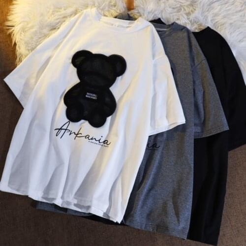 Womens T-shirts Harajuku Plus Size Tops Bear cub Jacquard O-neck Short Sleeves Loose Summer Tshirt White Tees