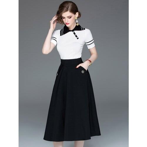 Two Piece Original Design Womens 2019 Spring High Quality New Short-Sleeved Shirt + A-Line Skirt Two Piece Elegant Skirt Suit