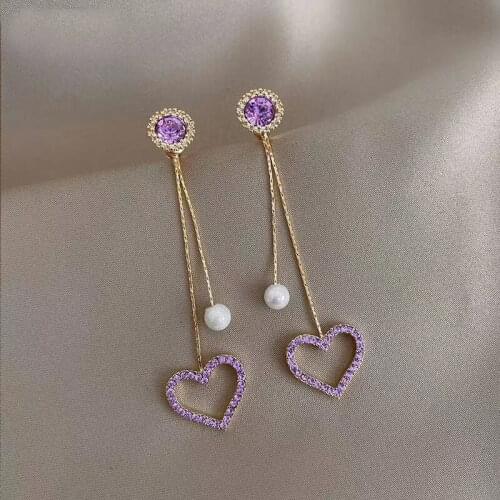 Korean Earrings Fashion Jewelry Purple Peach Heart Simulation Pearl Tassel Statement Earrings Long Earrings For Women Pendientes
