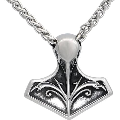 Men stainless steel Norse viking thors hammer raven amulet MJOLNIR pendant necklace with viking figt bag