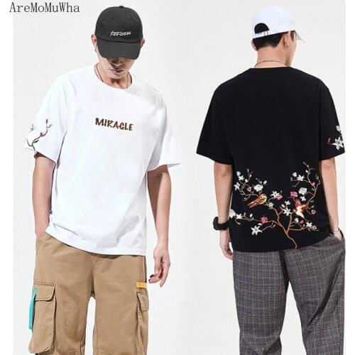 2021 Spring Summer New Product Magpie Embroidery Chinese Style Cotton Short-sleeved T-shirt Men and Women Couples Loose Students