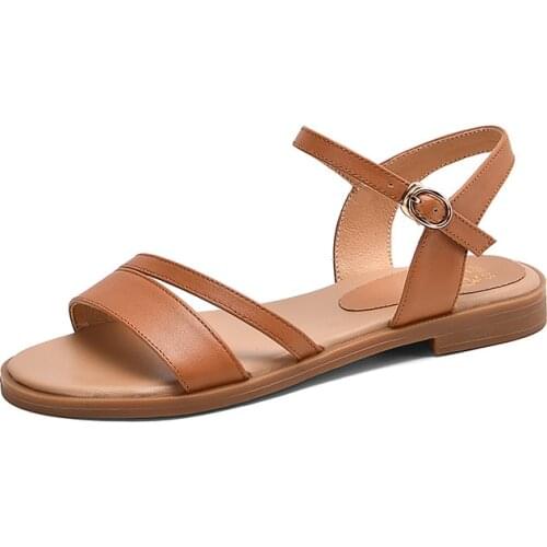 New Women Summer Sandals Flat Sandals Elegant Women Beach Flats Shoes Woman Gladiator Sandalias Genuine Leather