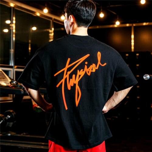 Casual Loose t shirt Men Gym Fitness Cotton T-Shirt Male Fashion Print Short sleeve Tee shirt Tops Summer Sport Workout Clothing