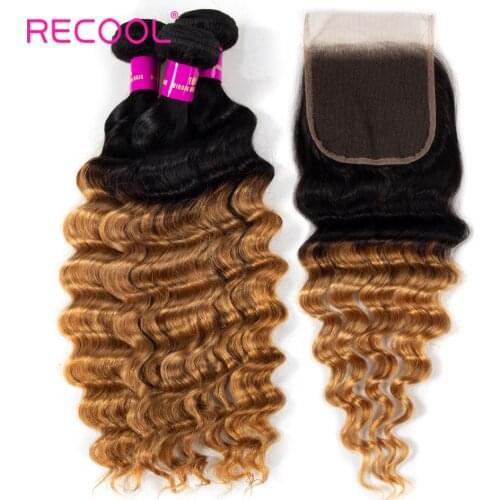 Recool 1B 27 Bundles With Closure Brazilian Remy Loose Deep Human Hair Bundles With Closure Free Shipping