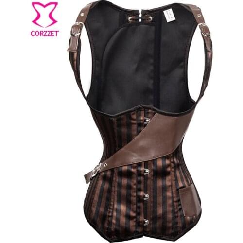 Steampunk Brown/Black Striped Leather Halter Corset Top Steel Boned Waist Corselet Burlesque Slimming Waist Corsets and Bustiers