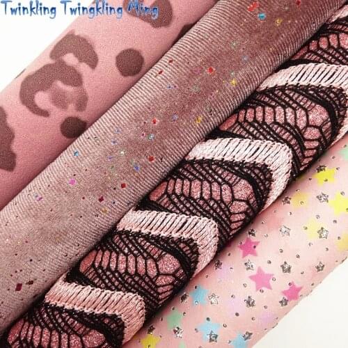 Stars Embossed glitter fabric, Arrow Lace Glitter, Pink leopard Suede leather, Velvet For Bow A4 21x29CM Twinkling Ming KM001