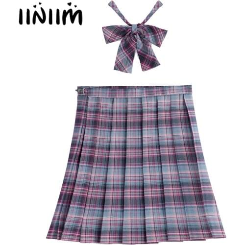 Womens Spring Summer Plaid Pleated Skirt Schoolgirl Uniform Role Play Cosplay Costume High Waist A-line Miniskirt with Bow Tie