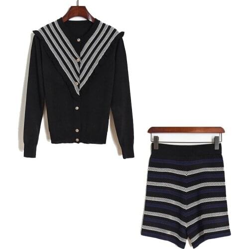 Two Piece Pants Set Women Cardigan Top and Shorts Matching Sets Hit Colors Striped Knitted Sweater Coat + Shorts Pants Set